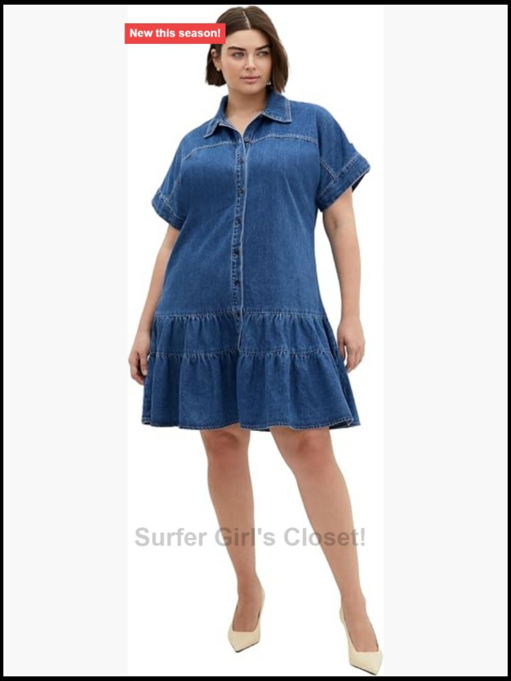 Plus Size Denim Shift Dress Collared Short Sleeve